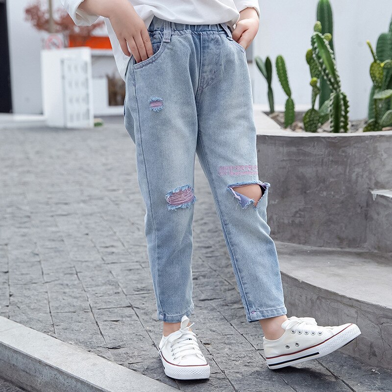 Meisjes gescheurde gaten jeans lente/herfst kinderen kapotte denim broeken broeken voor tienermeisjes 110-160cm dwq 636