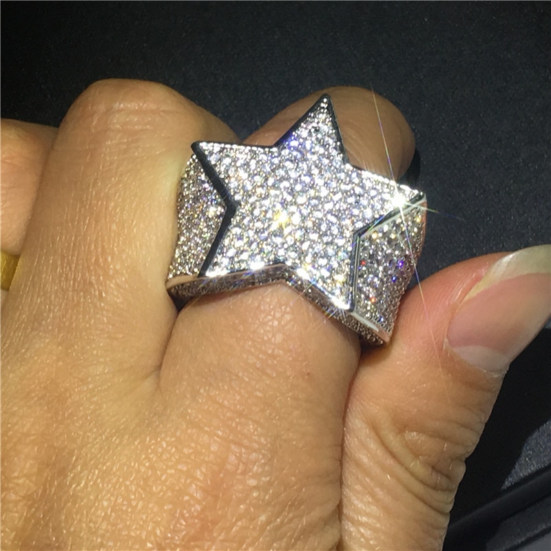 Bague hip-hop pour homme, grande étoile, pavée de 500 zircons aaaaaa, alliance de fiançailles pour homme, bijoux rock glacés