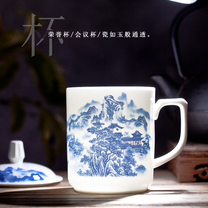 500Ml Chinese Stijl Bone China Jingdezhen Blauw En Wit Porselein Kopje Thee Kantoor Drink Cup Reizen Theewaar