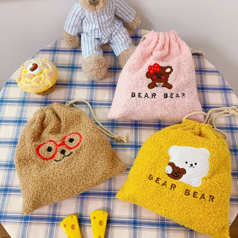 Flannel Soft Korea Ins Bear Dog Makeup Toilet String Bag Cute Home Storage Drawstring Bag Girls Travel Cosmetic Case Wash Pouch