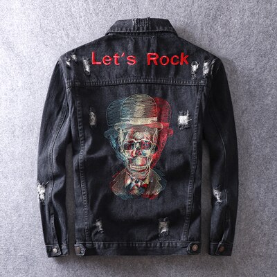 Men Jacket Skull Embroidery Punk Streetwear Style Ripped Denim Jacket Men Coat Rock Hip Hop Jean Jacket Hombre: Black / XL