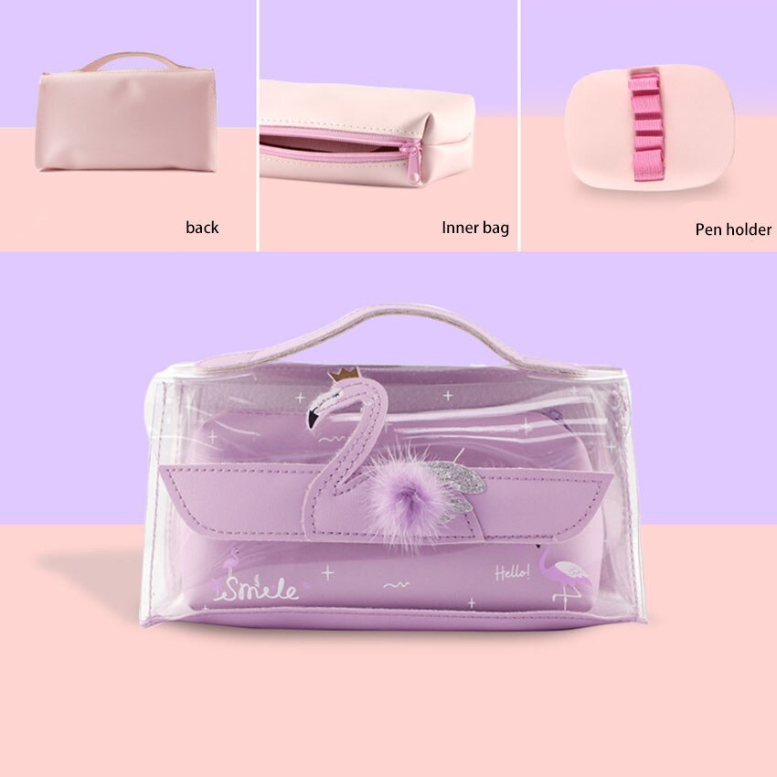 Transparante Meisje Etui Pvc Grote Capaciteit Potlood Tas Met Handvat Make-Up Case Pen Houder Box Potlood Pouch Briefpapier: Paars