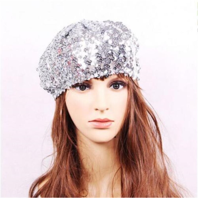 Multicolor Sequin Hat Berets Women Girls Shinny sequined Beret Ladies School girl Preppy style casual hats caps: Silver