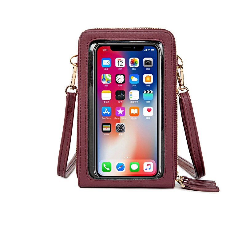 Transparent Touchable Cell Phone Pocket Women's Shoulder Bag Pu Leather Ladies Crossbody Bags Female Small Handbag Purse: Wine Red