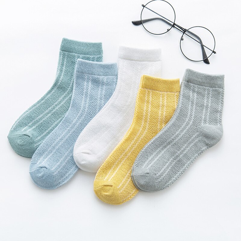 Calcetines de algodón suave para bebé, medias de malla de Color sólido para niño de 0 a 12 años, 5 par/lote