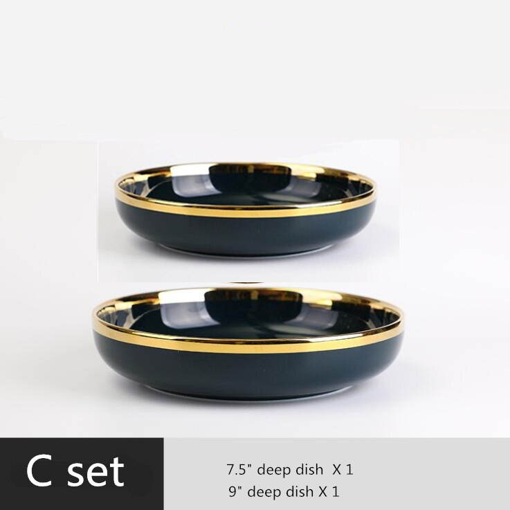 Gilt Rim Dark green Plate Steak Food Plate Nordic Style Tableware Bowl Ins Dinner Dish High End Porcelain Dinnerware Set: C set