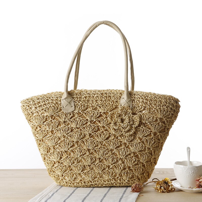 Dorpshipping One-shoulder Woven Bag Gold Thread Exquisite Shell Hook Flower Straw Woven Bag Beach Bag: Beige