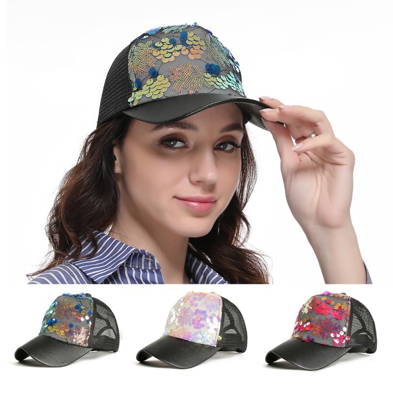 Outdoor Pailletten Zomer Hoed Mesh Hoed Zonnebrandcrème Ademend Paardenstaart Baseball Cap Dames Hip Hop Cap Vrouwelijke Pailletten