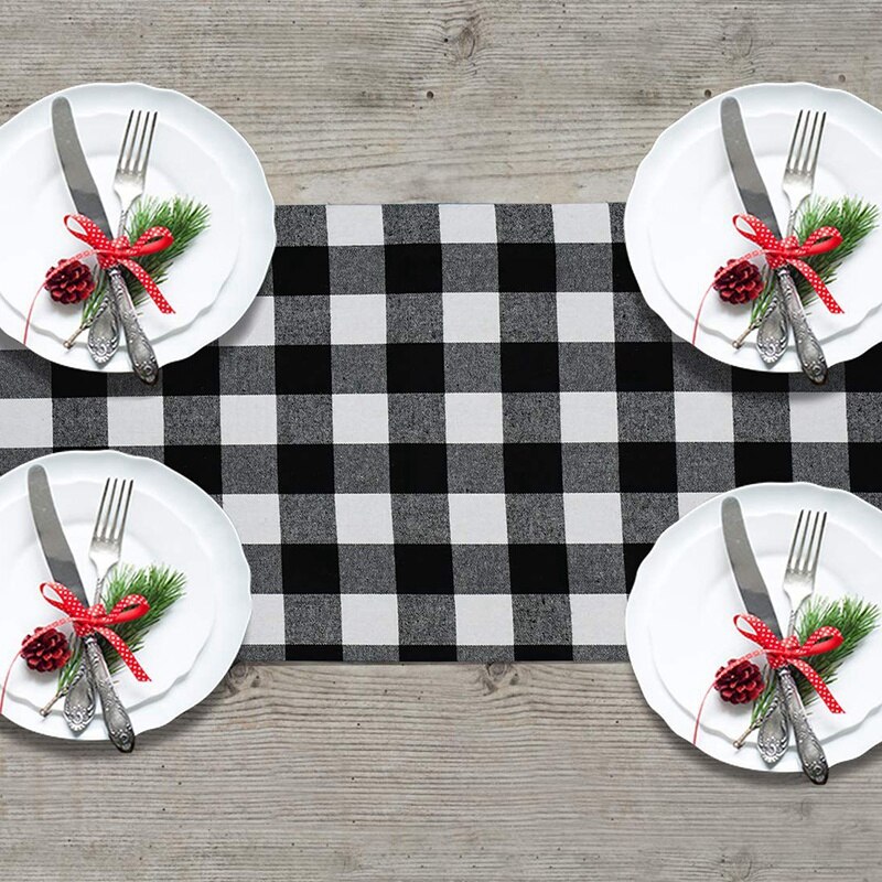 1 Pcs Geruite Tafelkleed Katoen Zwart En Wit Plaid &amp; 4 Stuks Placemat Tafel Mat Servies Plaat Placemat