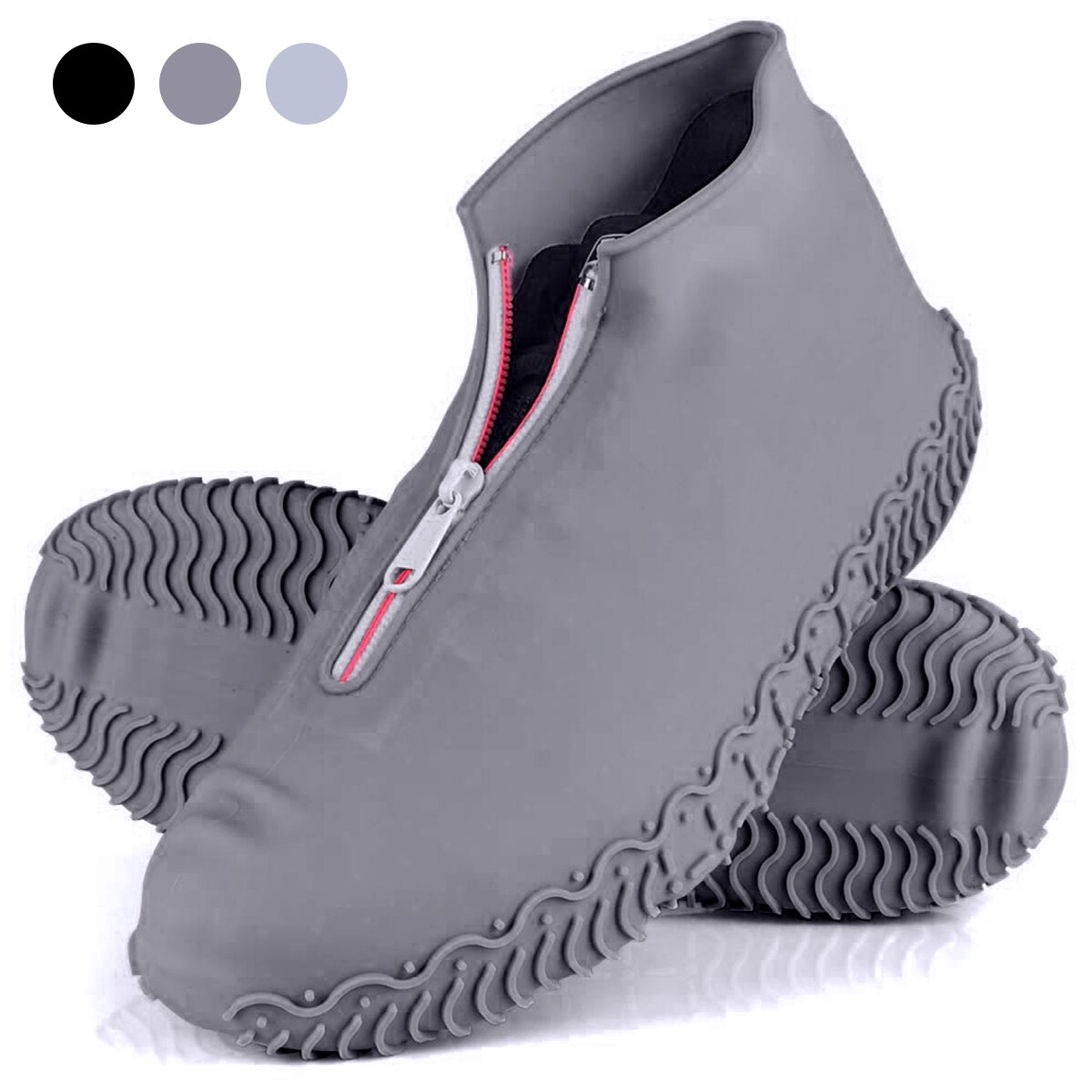 1 par anti-regn emulsions skoovertræk med lynlås bærbar genanvendelig tyk sål vandtæt fodtøj tilbehør beskyttende udendørs: Grå / Xl