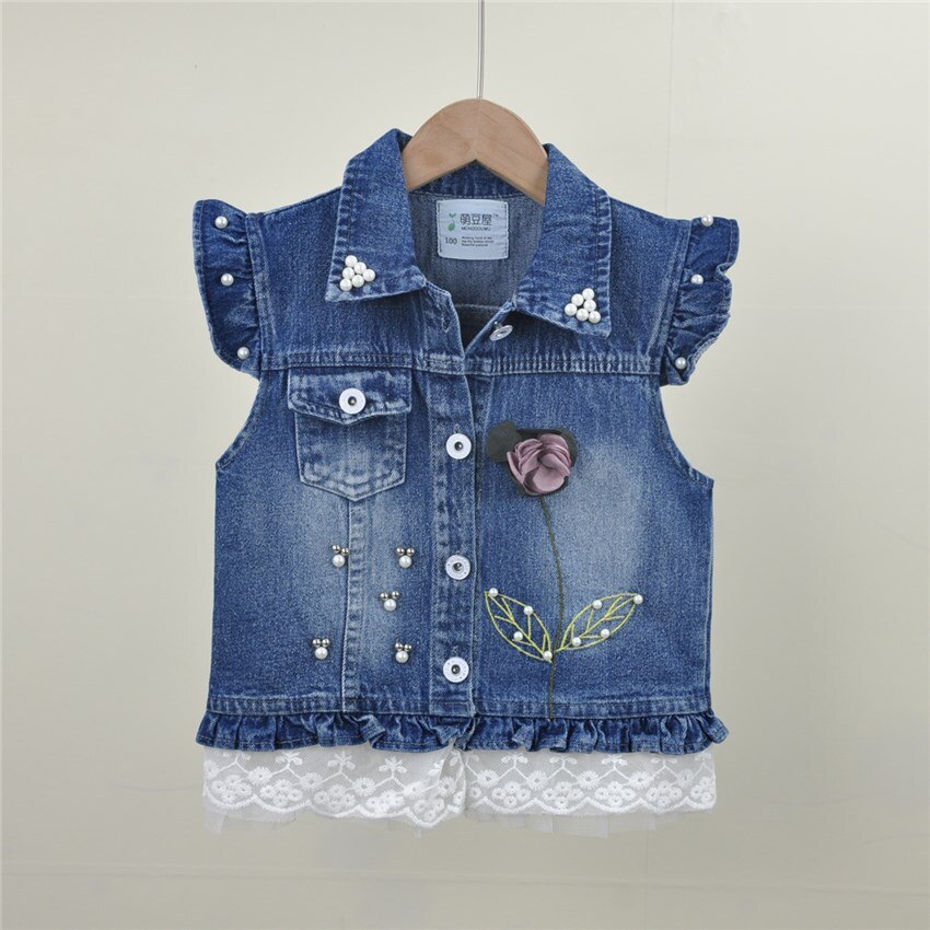 Girls 3D Flower Pearl Lace Denim vest embroidered waistcoats kids jeans vests children spring autumn sleeveless coat: 6T