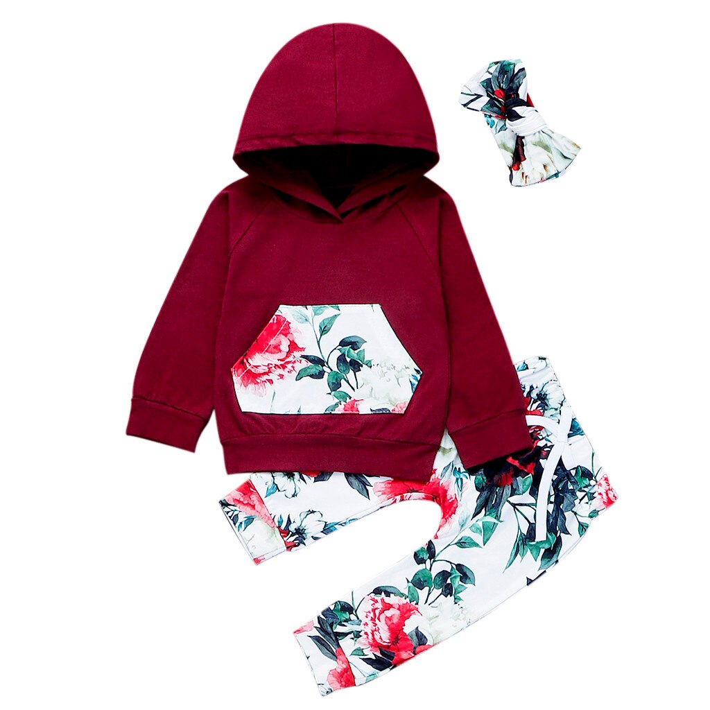 Telotuny Kinderkleding Kid Baby Girl Hooded Lange Mouwen Print Trui Tops Trainingspak + Bloemen Broek + Haarband Outfit set Jul3