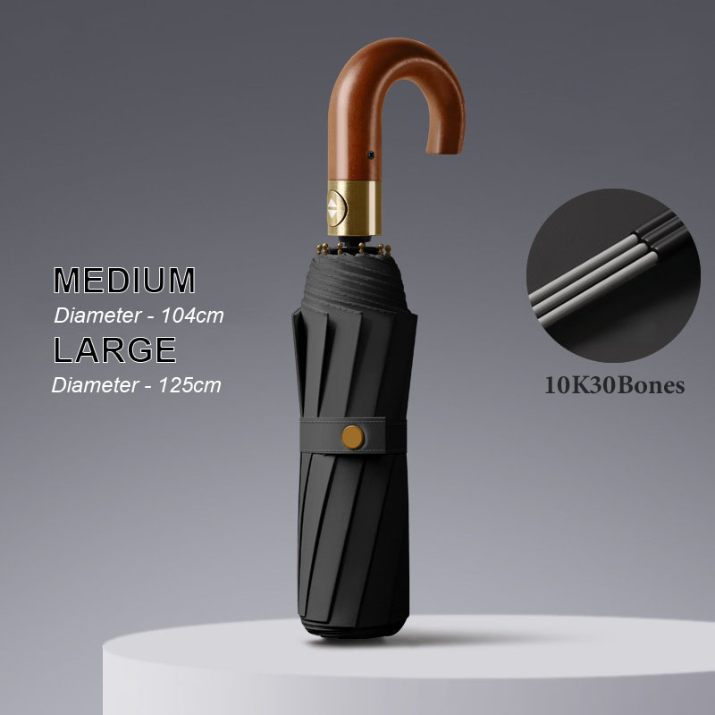 Paraguas automático de lujo reforzado para hombre, 30 huesos, resistente al viento, fuerte, 125CM, mango de madera grande, resistente al agua, para negocios