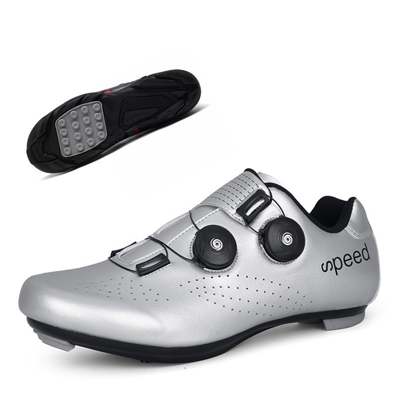 Athletic Bicycle Shoes MTB Cycling Shoes Men Self-Locking Road Bike Shoes Women Cycling Sneakers: Silver rubber type