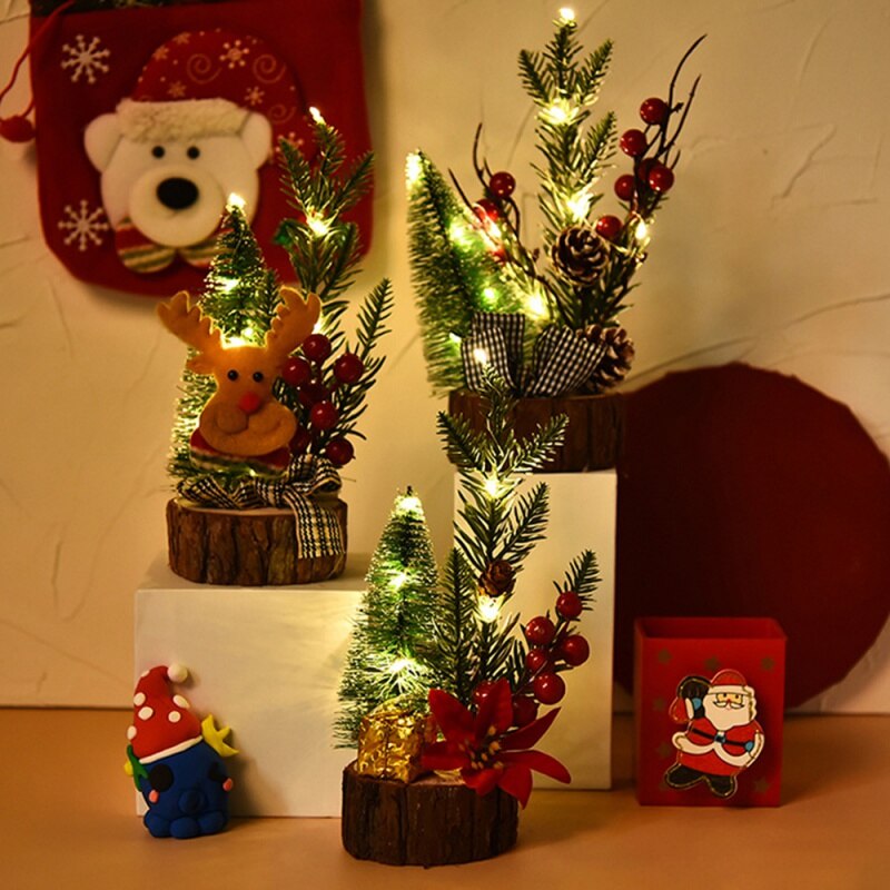 Mini Christmas Tree With Light-emitting Wooden Base Table Top Christmas Tree Pine Fruit Deer Safflower Style