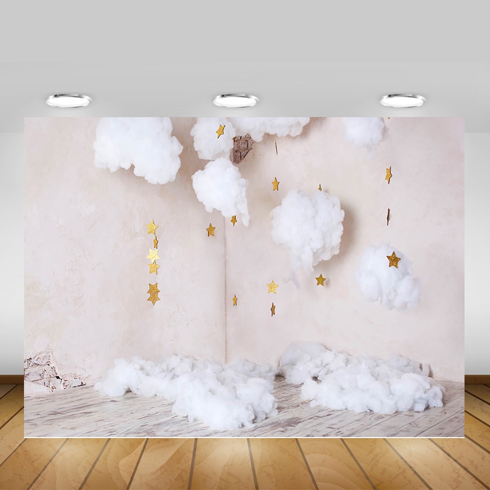 -né scintillant petite étoile Portrait photographie toile de fond Photo Studio doré blanc nuage enfants fête d'anniversaire Selfie fond