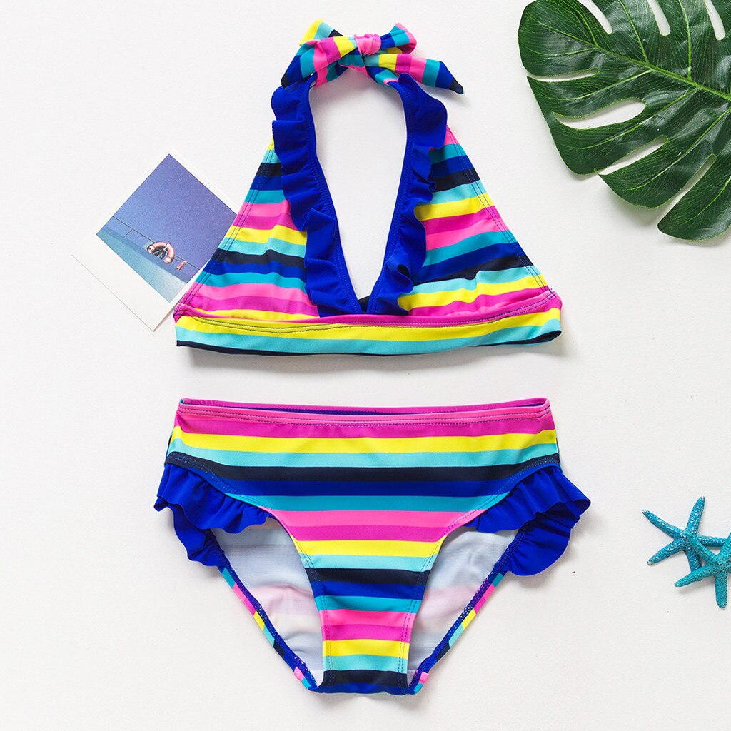 Baby Clothes Swimsuit Teen Kids Girls Rainbow Striped Two-pieces Swimwear Swimsuit Bikini Outfit Summer Cartoon Print Bimba