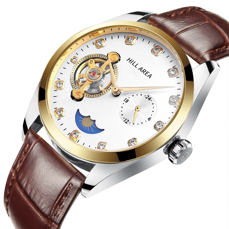 Nary/Nary Mechanical Wrist Ch Men Day And Night Stars Diamond Set Tourbillon Erproof Non-Quartz: Brown Belt between Gold Flour