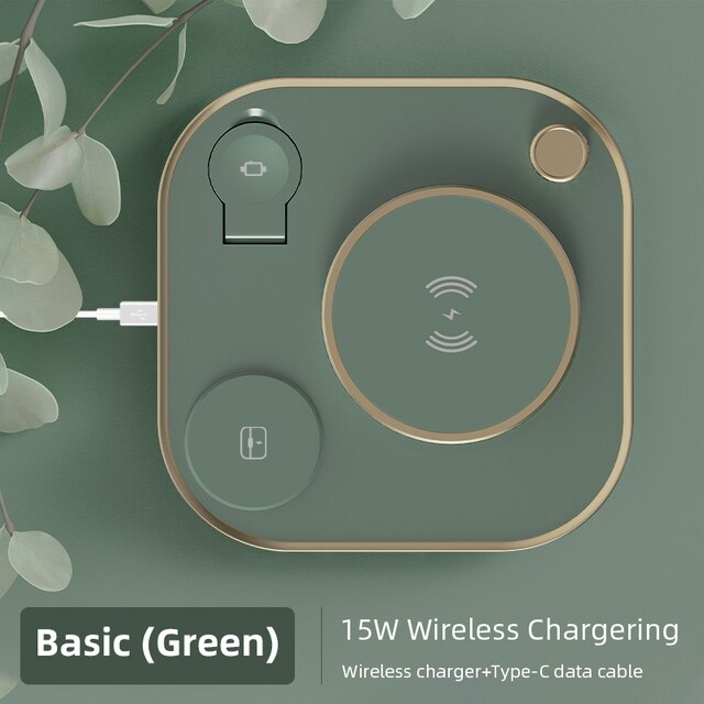 Lámpara de escritorio LED de 15W, cargador inalámbrico para iPhone 13, Samsung, base de carga inalámbrica rápida para Apple Watch, Airpods, estación de carga,: Green-Basic