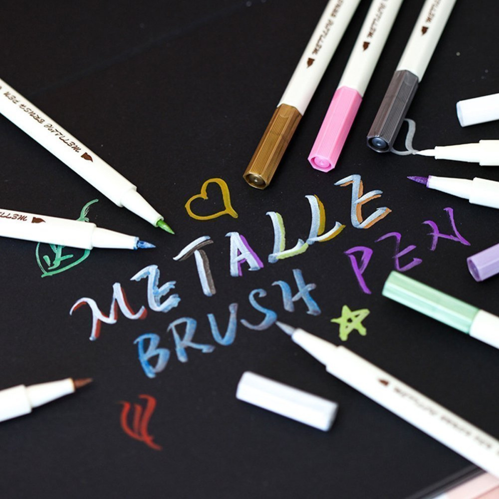 Rotuladores de artista, juego de 10 bolígrafos de pincel de colores metálicos con fieltro y punta fina