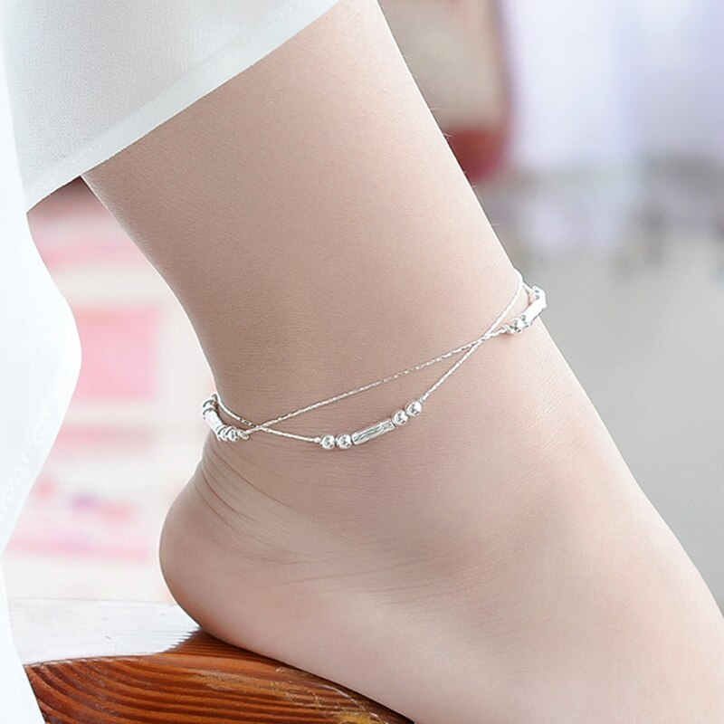 Vintage Round Tube Chain Anklets Bracelet 925 Sterling Silver Small Ball Double Layer Anklet For Women Jewelry