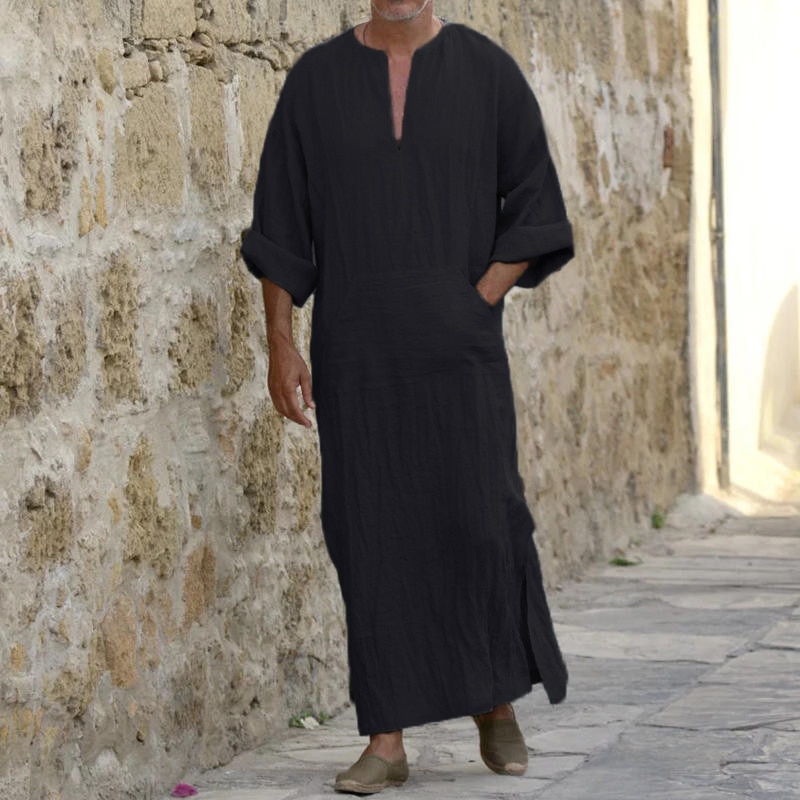 Mannen Islamitische Kaftan Katoen Lange Robe Dress Lange Mouwen Pockets V-hals Lounge Mannen Islamitische Arabische Kaftan Lange Pyjama Gewaad 5XL