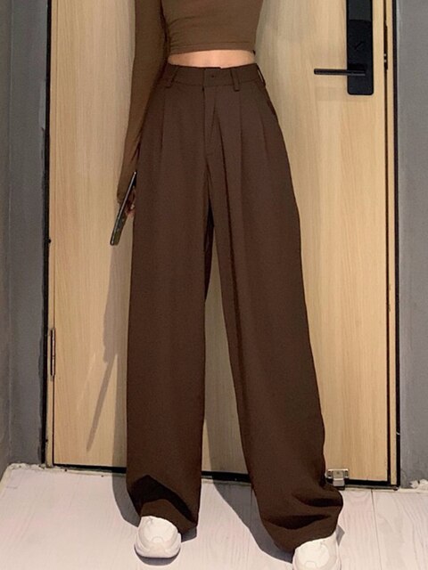 2021 pantaloni a gamba larga dritti selvatici retrò in tinta unita primavera femminile nuova moda coreana pantaloni lunghi Casual a vita alta: Cachi / S