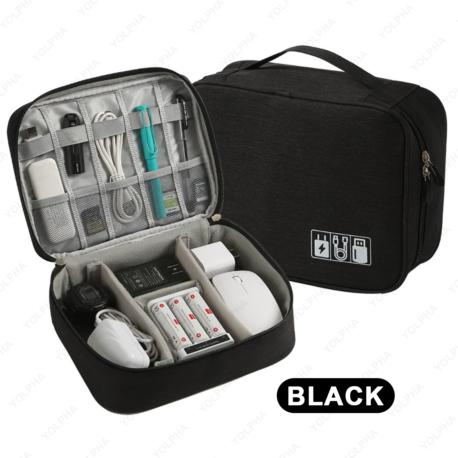 Bolsa organizadora de cables de viaje, estuche para accesorios electrónicos, bolsa de almacenamiento de cables portátil de doble capa para cargador de teléfono, FlashDrive: Negro