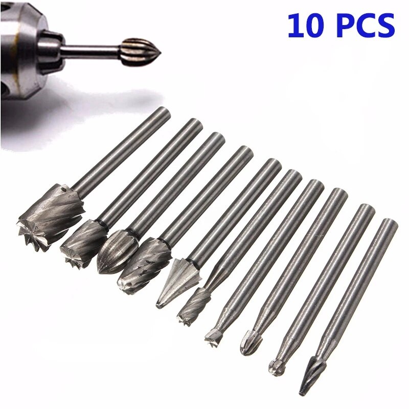 10Pcs 1/8 HSS Routing Router Drill Bits Set Tary Burrs Tools Wood Stone Metal Root Carving Milling Cutter Engraving Abrasive