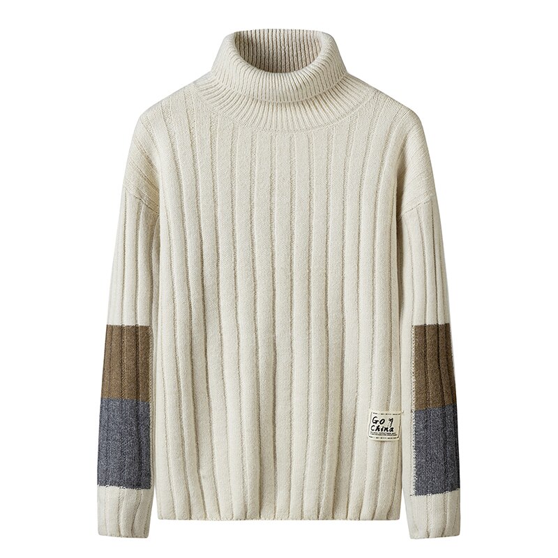Huncher Heren Coltrui Mannen Slim Fit Herfst Winter Hoge Kraag Trui Koreaanse Patchwork Coltruien Zwarte Truien Voor Mannen: Creamy-white Sweater / Asian-3XL