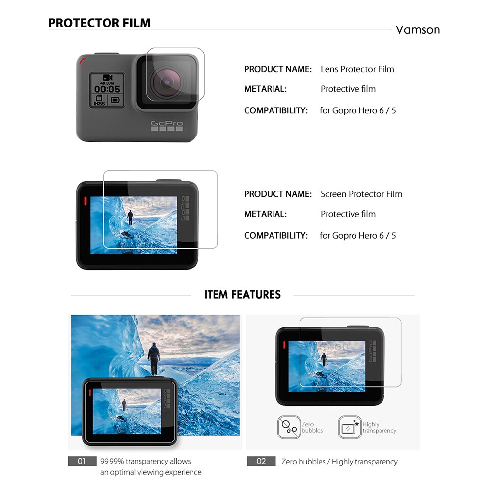 Vamson for gopro hero 7 6 5 tilbehørssett skjermportektor/linsebeskytter vanntett deksel for go pro hero 6 5 vs05c