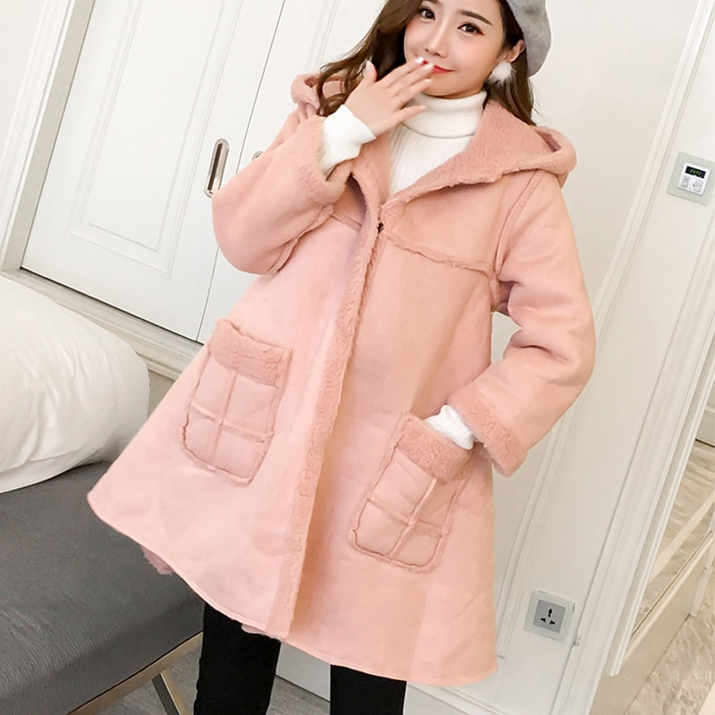 BONJEAN Autumn Winter Pregnancy Outwear Pink Velvet Maternity Jackets Hoodied A Line Loose Coats Clothes For Pregnant Women