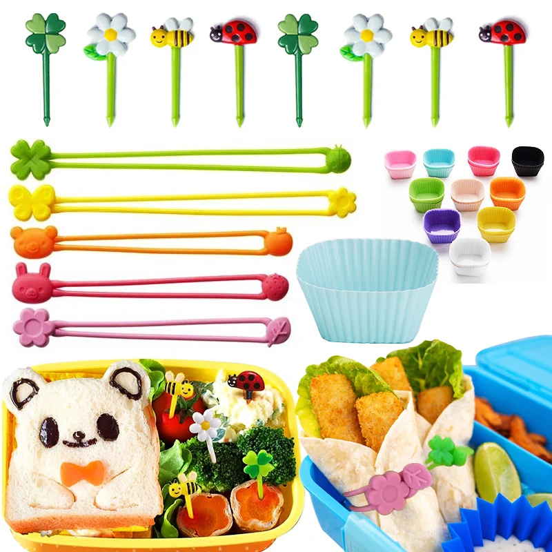Accesorios para fiambrera Bento, selecciones de frutas y alimentos, tazas de silicona, divisores de fiambrera y bandas de silicona multiusos, estuche para salsa