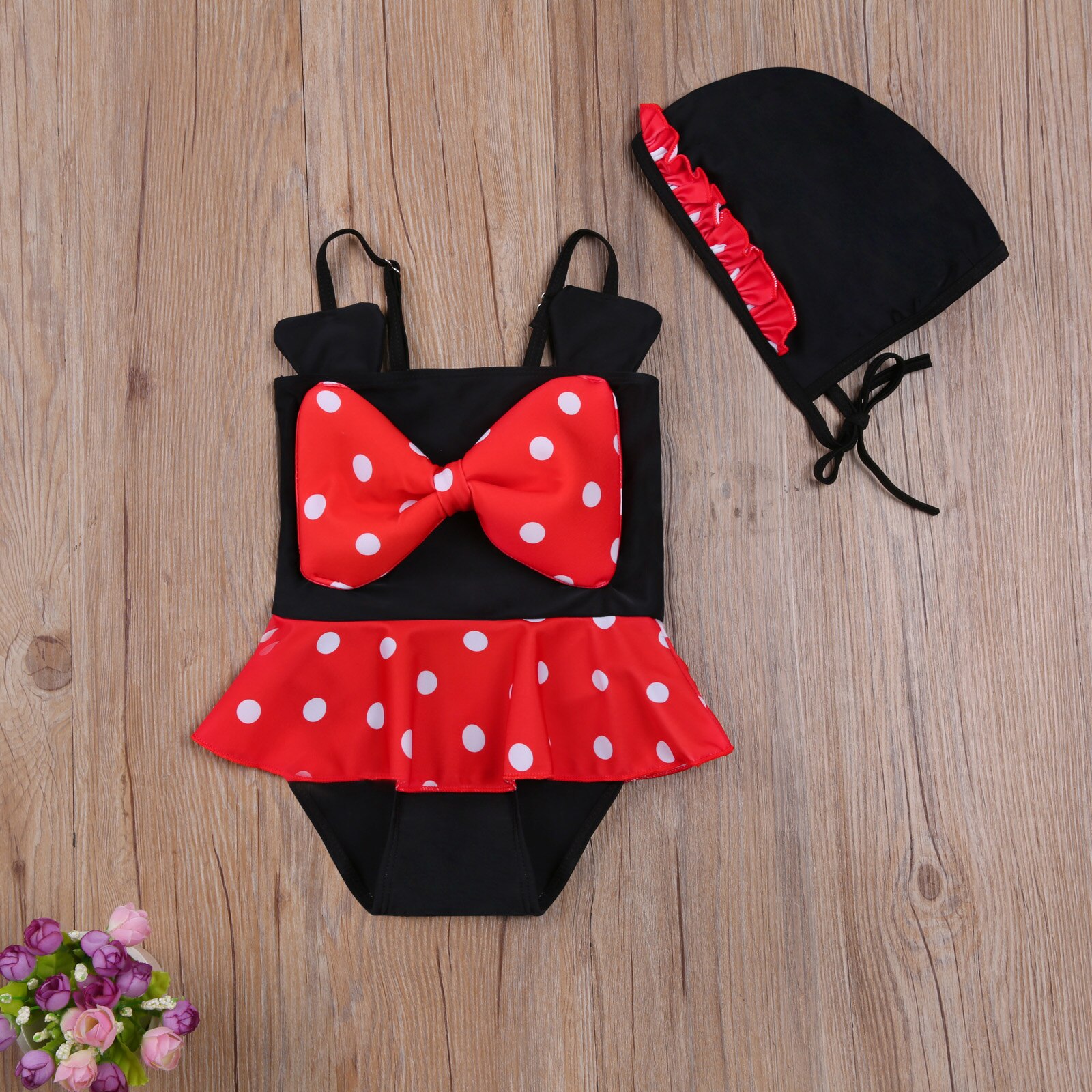 Baby Girls Cap Red Polka Cute Dot Rash Guard Swimwear Suit One-Piece Bowknot Swimsuit Swimming