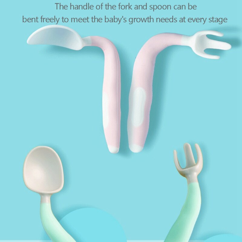 Baby Feeding Spoon Fork Utensils Set Children Curved Handle Easy Grip Elbow Training Kit