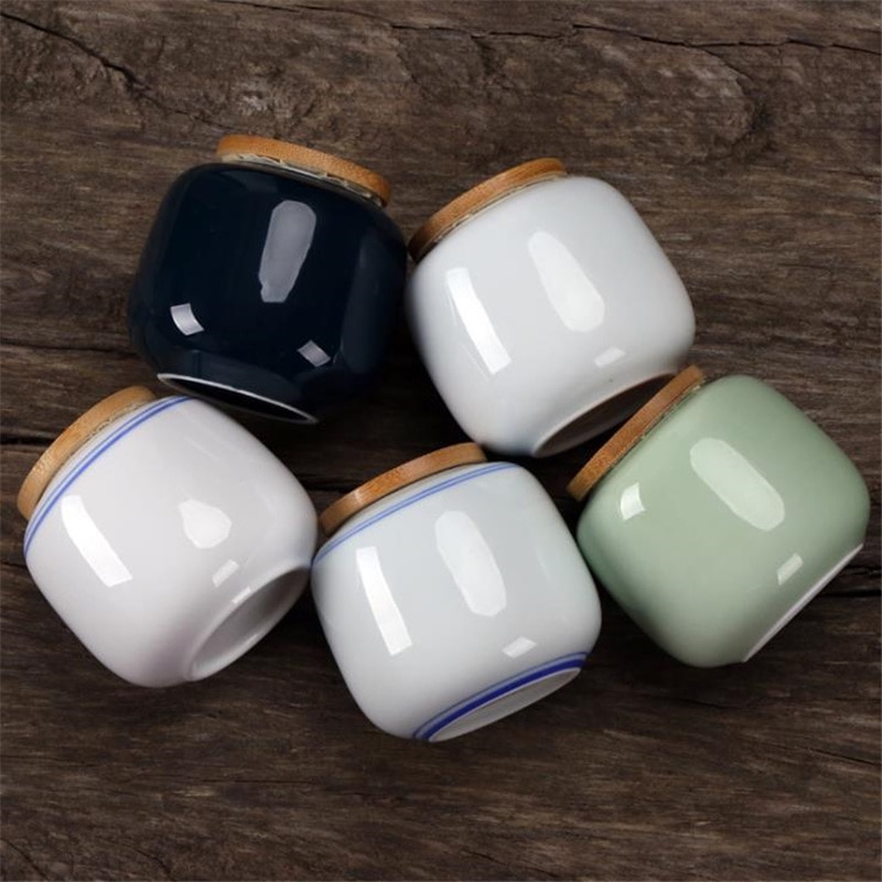 Retro Bamboo Lid Seal Ceramic Tea Cans Food Storage Chinese Pastoral Style Porcelain Mini Sealed Tea Caddy Candy Jars Canister