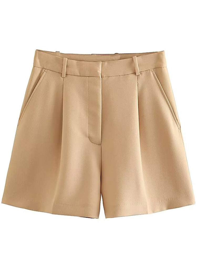 Willshela dames witte geplooide shorts met ritssluiting aan de voorkant, vintage hoge taille, chique damesshorts: Ik / Khaki