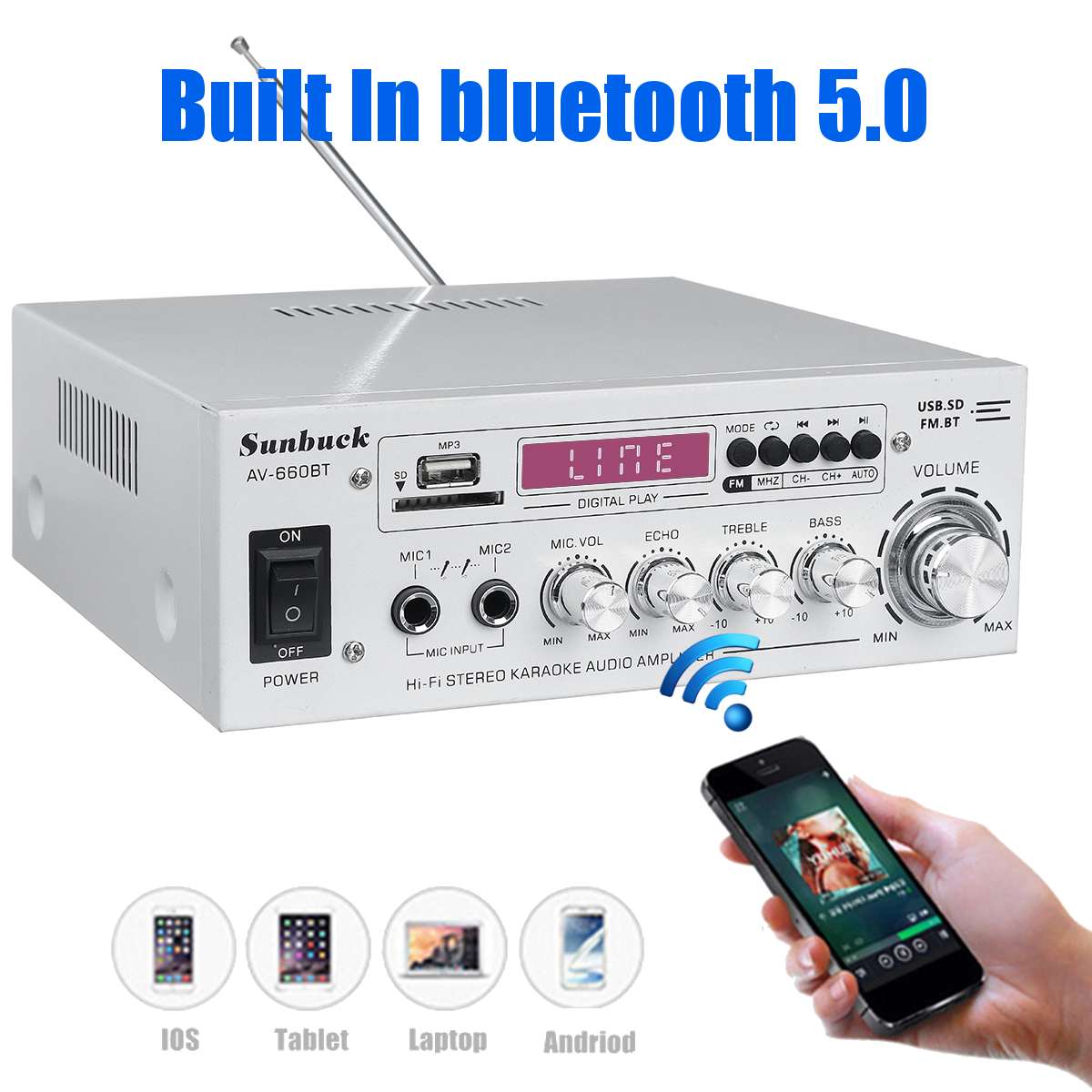 1200W bluetooth 5.0 Channel Audio Power Amplifier 12V/220V AV Speaker Remote Control for Car Home Support EQ AUX FM SD USB 2MIC