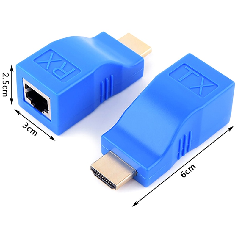 2 Stuks Abs Metal 1080P Hdmi Extender RJ45 Over Cat 5e/6 Netwerk Lan Ethernet Adapter Met blauwe Kleur 30M Transmissie Afstand
