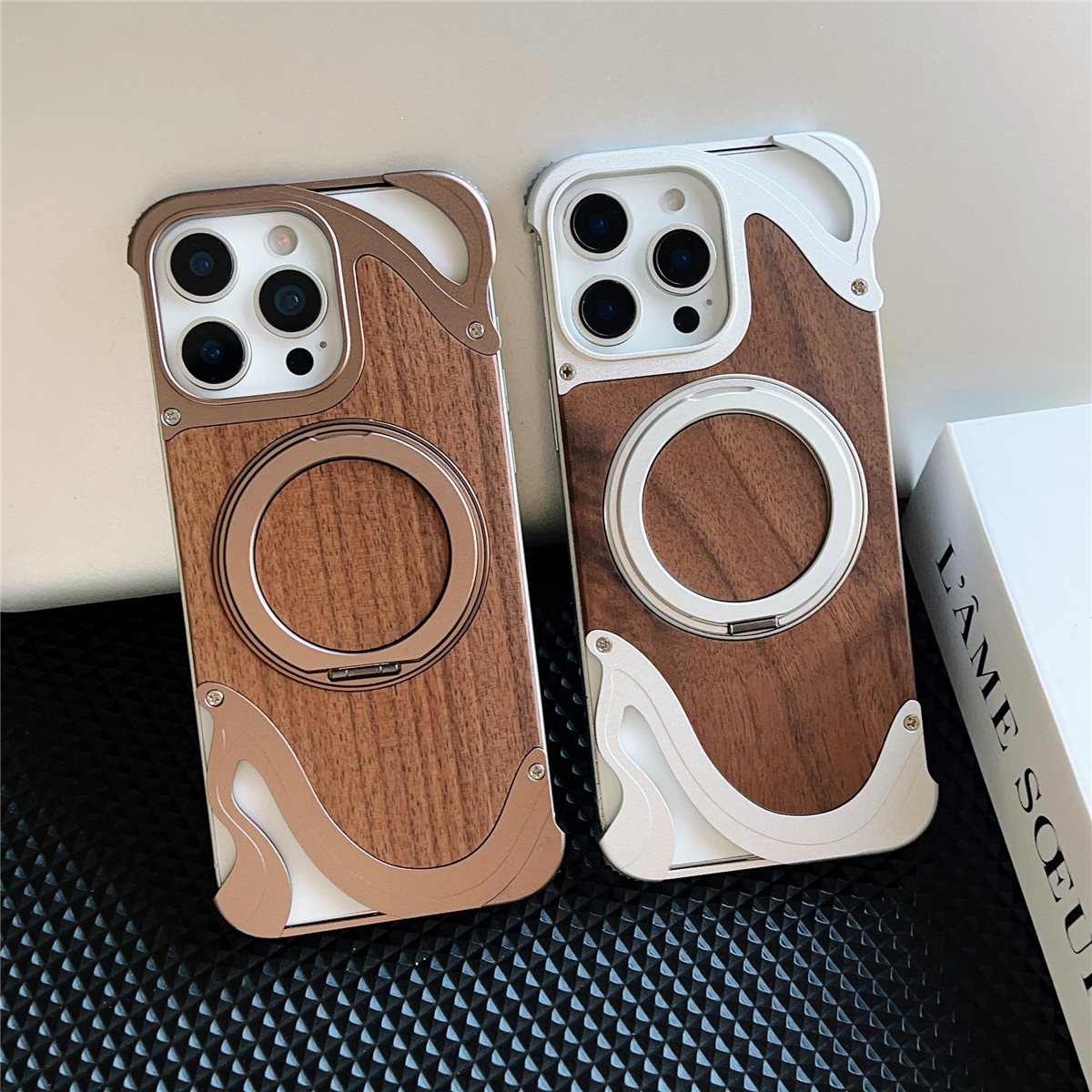 Funda de madera de nogal Natural para iPhone 16, 15, 14 Pro Max, aleación de aluminio sin marco, anillo magnético giratorio 360, fundas con soporte de Metal