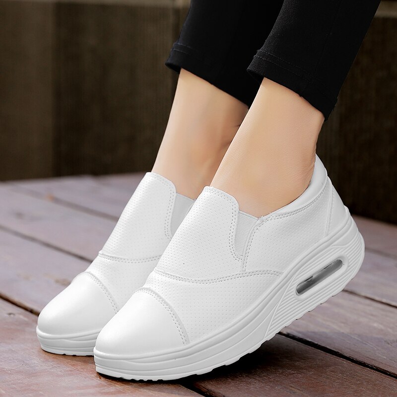 Waterproof Leather Platform Sneakers Women Air Cushion Swing Shoes White Nurse Shoes Slip-resistant Plus Size 42 Fitness Shoes