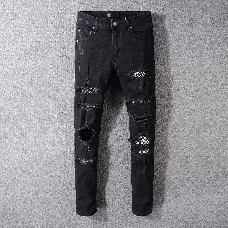 High street herr jeans svart stor storlek hål hip hop jeans herr trasiga punk byxor patch skinny ripped jeans för män