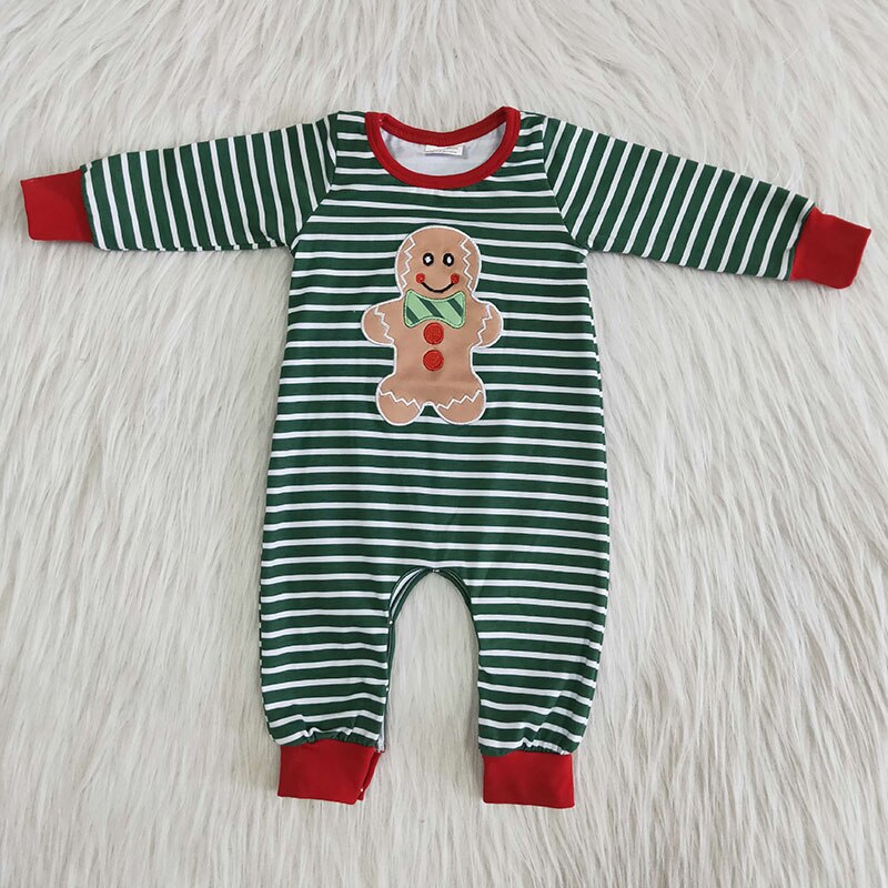 Atacado bebê menino boutique listra mangas compridas crianças recém-nascidos bordado natal pijamas roupas infantis macacão