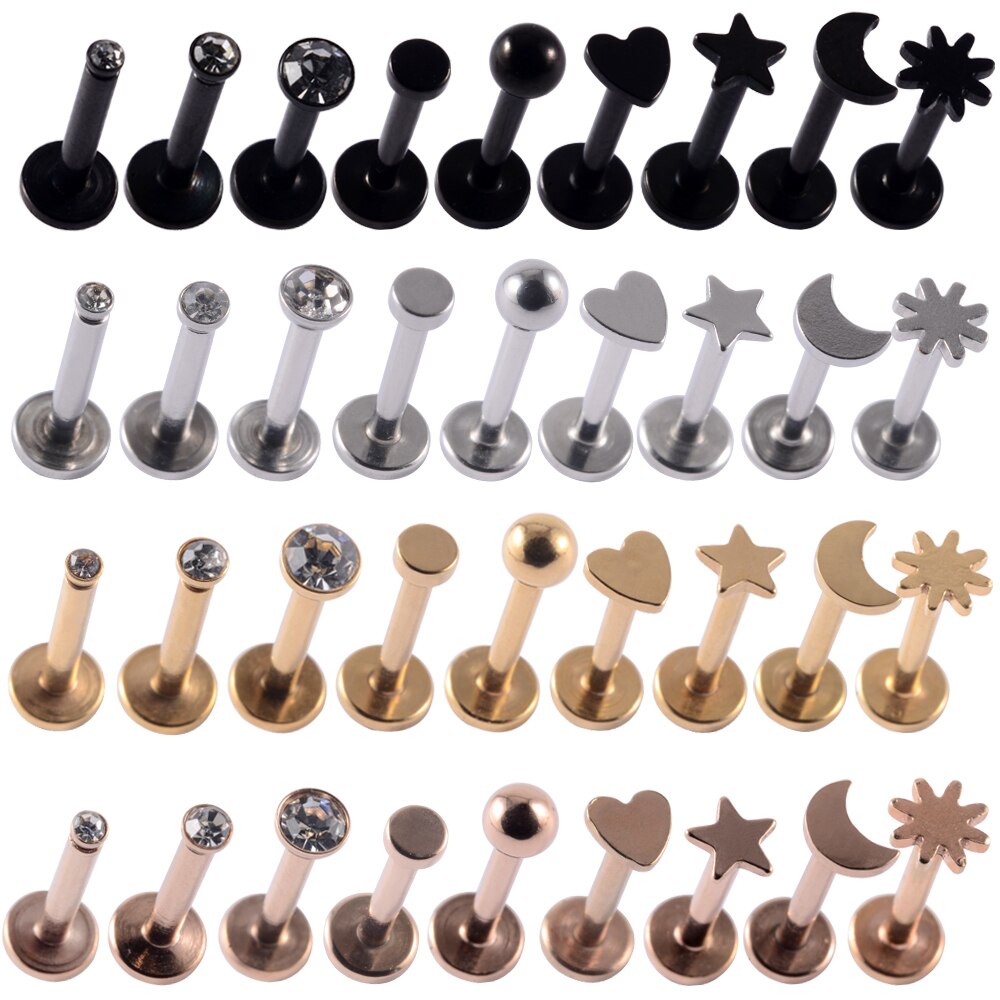 Pendientes de Labret de acero quirúrgico, Piercing de labio de formas mixtas, estrella, Luna, corazón, oreja, cartílago, Tragus, joyería con rosca interna, 9 unidades por lote