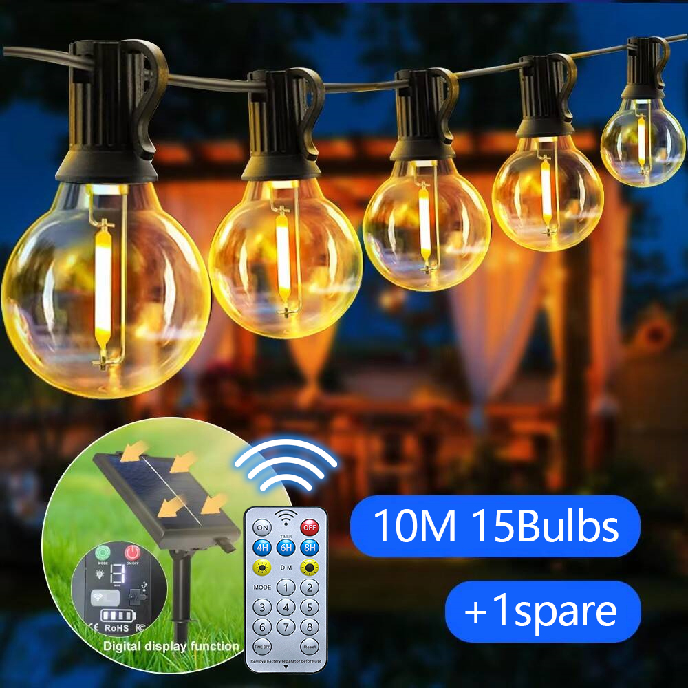 LED G40 Solar String Lights with Remote Control and Weatherproof Globe Bulbs Solar Charge Garland String Lights for Garden Decor: Blue