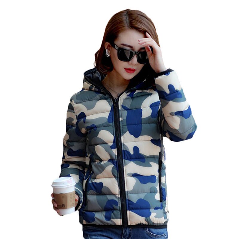 Chaquetón de invierno , chaquetas cortas de algodón con plumas de camuflaje para mujer, abrigo de invierno con capucha, abrigo de talla grande de algodón cálido, ropa 874