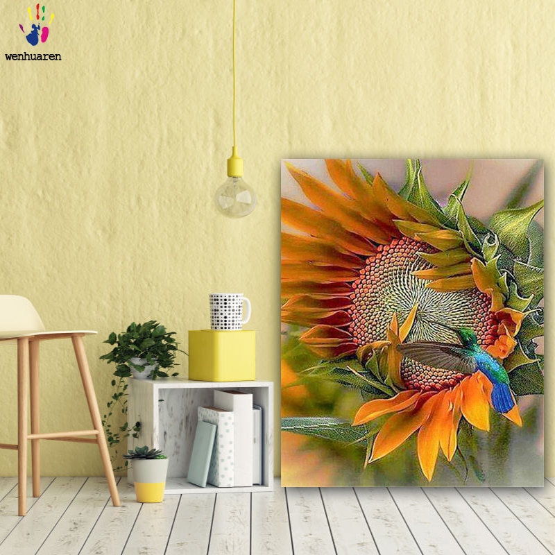 DIY Colorings Pictures By Numbers With Colors The Bird On The Sunflower Picture Drawing Painting By Numbers Framed Home