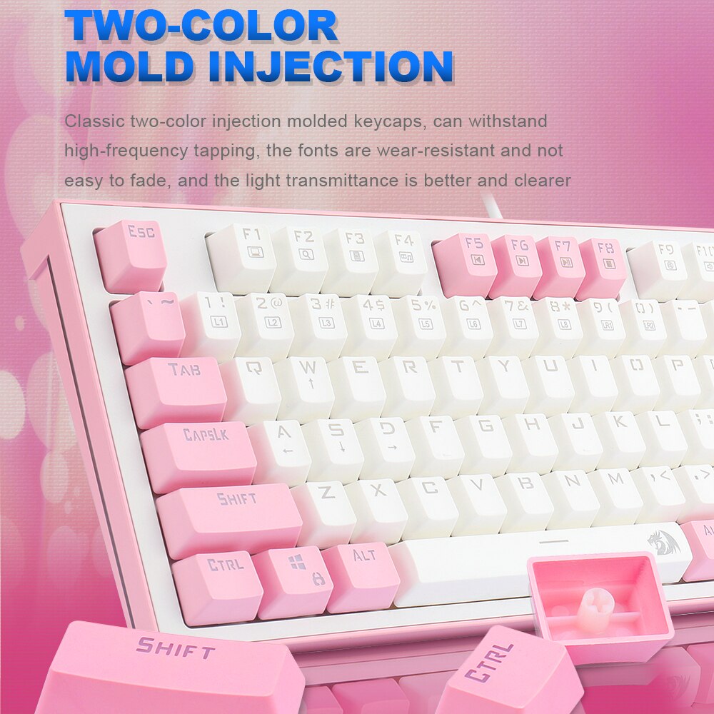 REDRAGON BES K611 USB Pink White Mechanical Gaming Keyboard Blue Switch Led Backlit 87 Keys Computer PC Gamer