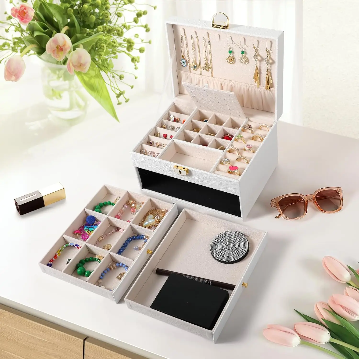 3-layer Jewelry Box with Drawer Lockable Jewelry Rack Storage, Large Jewelry Box Storage with Velvet Earring Storage,