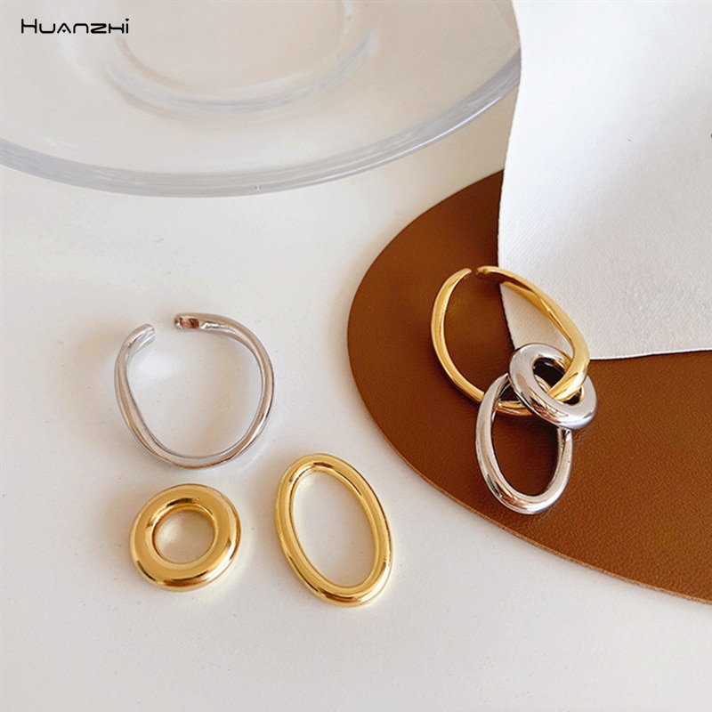 HUANZHI Gold Silver Color Contrast Metal Circel Geometry round Ear Bone Clip Without Pierced for Women Girls Jewelry